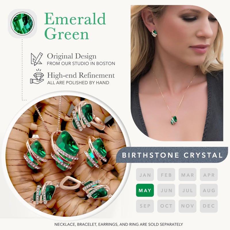Leafael Wish Stone Pendant Necklace with Green Birthstone Crystal for May, 18K Rose Gold Plated, 18" + 2" Chain - Image 4